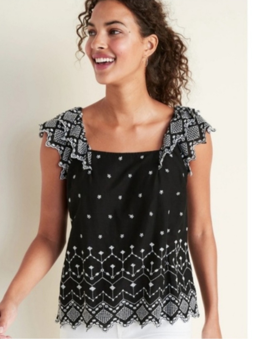 Old Navy Black Embroidered Square-Neck Cap-Sleeve Top!
